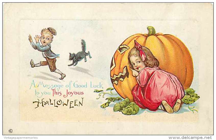 241597-Halloween, Stecher No 339 F, Girl Behind Large JOL Scaring Boy & Black Cat - Halloween