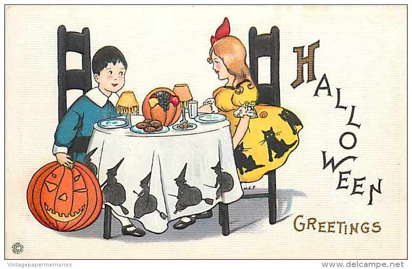 241603-Halloween, Stecher No 400 B, Mary Evans Price, Boy & Girl Having Dinner, Jack O Lantern On The Floor - Halloween