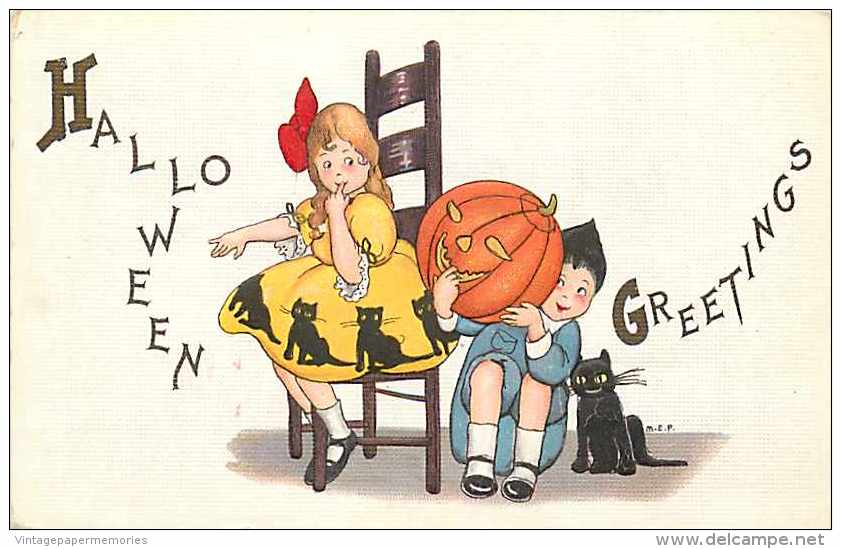241607-Halloween, Stecher No 400 C, Mary Evans Price, Girl Sitting In Chair, Boy On Ground Holding JOL, Black Cat - Halloween