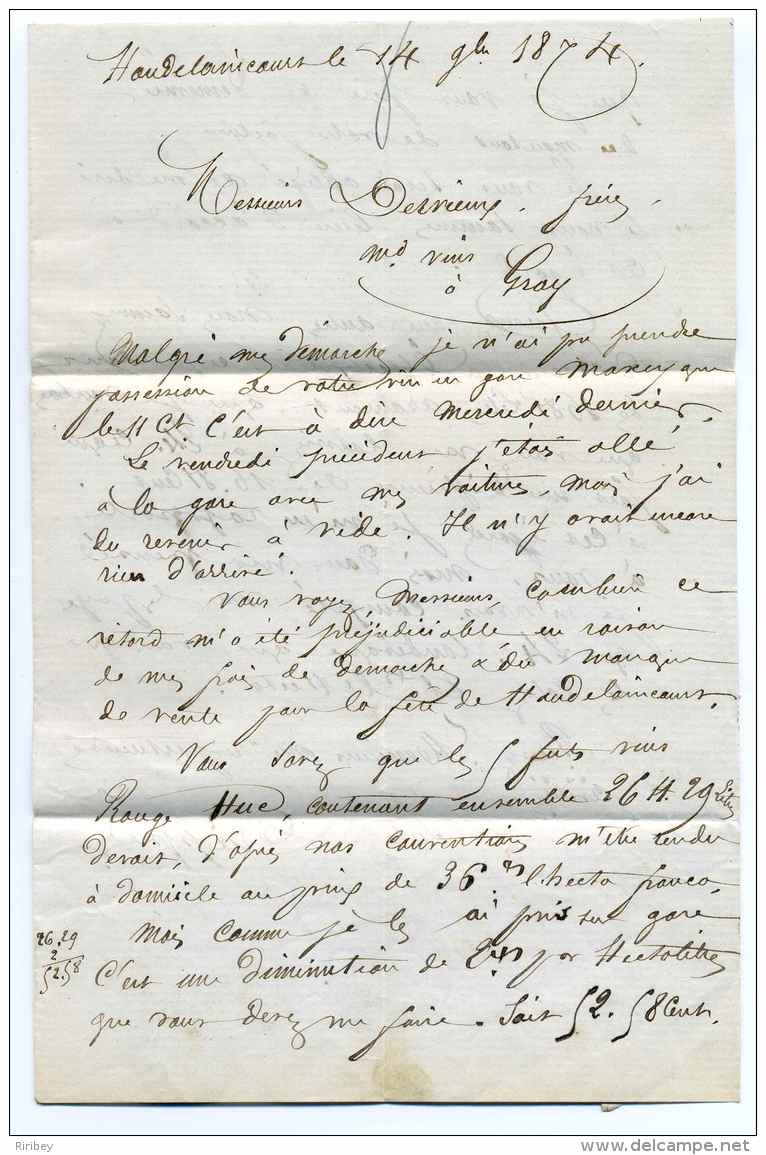 LAC Avec T17 DEMANGE AUX EAUX + Losange GC 1289 / Dept 53 Meuse / 1874 / Ecrite De Haudelanicourt - 1849-1876: Période Classique