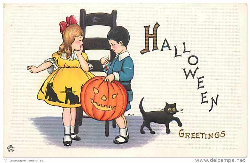 241609-Halloween, Stecher No 400 D, Mary Evans Price, Girl Watching Boy Light A JOL With Match, Black Cat - Halloween