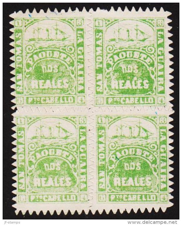 1866-1867. SAN TOMAS LA GUIRA Pto CABELLO. PAQUETE DOS REALES. 4-BLOCK. Green. (Michel: FACIT LG 17) - JF193849 - Dänisch-Westindien