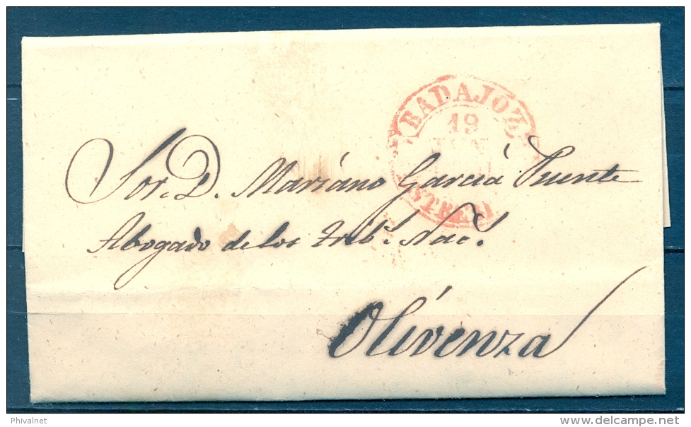 1850 , D.P. 13 , CARTA CIRCULADA ENTRE BADAJOZ Y OLIVENZA , BAEZA EN ROJO , LLEGADA - ...-1850 Prefilatelia