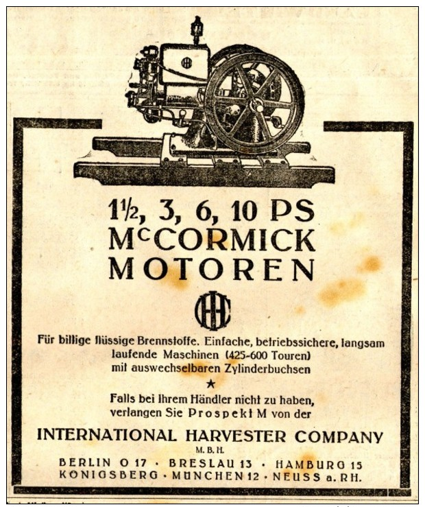 Original-Werbung/ Anzeige 1927 - McCORMICK MOTOREN / INTERNATIONAL HARVESTER COMPANY - Ca. 115 X 140 Mm - Werbung