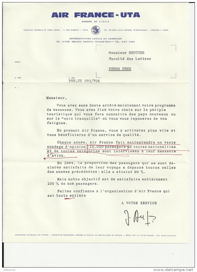 AVI013 - AVIATION PUBLICITE AIR FRANCE UTA  - DELEGATION PHNOM PENH CAMBODGE - LETTRE 27 * 21 Cm - Publicités