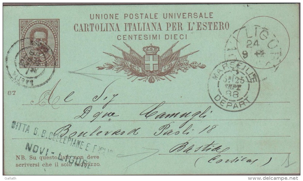 NOVI-LIGURE 1888 / Entier Postal Carte Humbert 1er  10c Pour Bastia... - Entiers Postaux