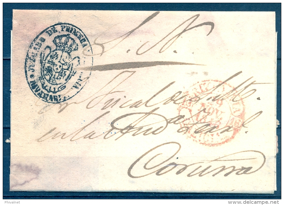 1846 , GALICIA , ORENSE , D.P. 16 , CARTA CIRCULADA ENTRE RIBADAVIA Y CORUÑA, BAEZA EN ROJO , LLEGADA - ...-1850 Prephilately