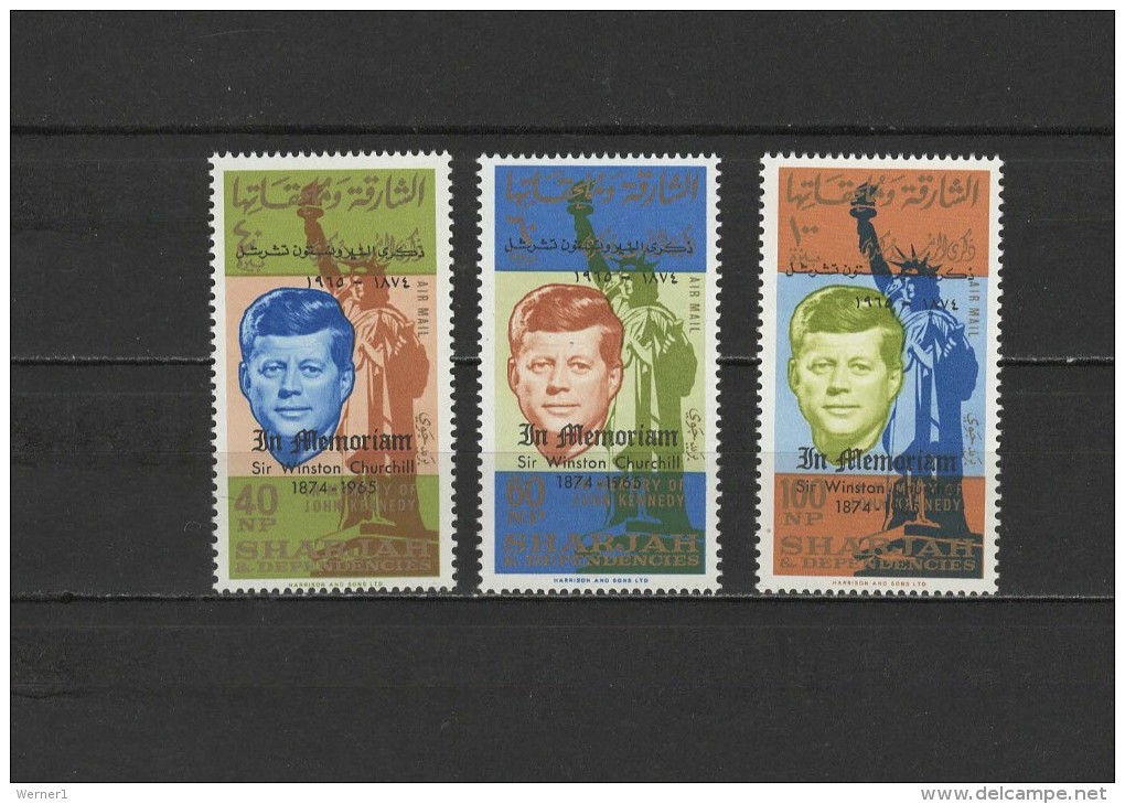 Sharjah 1965 JFK Kennedy Set Of 3 With Overprint "In Memoriam Sir Winston Churchill" MNH - Sir Winston Churchill