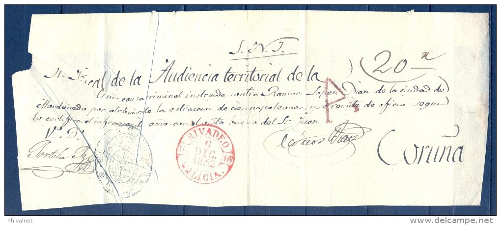 1852 , GALICIA , LUGO , D.P. 16 , FRONTAL DE PLICA JUDICIAL CIRCULADO ENTRE RIBADEO Y CORUÑA, BAEZA Y RR MARCA DE ABONO - ...-1850 Vorphilatelie