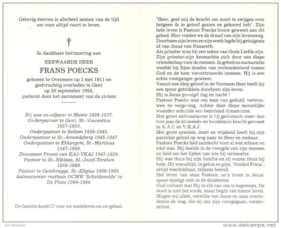 Doodsprentje / Bidprentje / Avis De Décès / Mortuaire / Priester / Frans Poecks / Overmere / Gent / 1994 - Religione & Esoterismo