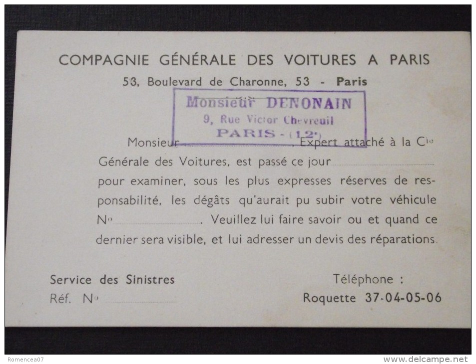 PARIS (11e, 20e) - Carte De Visite - COMPAGNIE Gle Des VOITURES à PARIS - Service Des Sinistres - A Voir ! - Visiting Cards