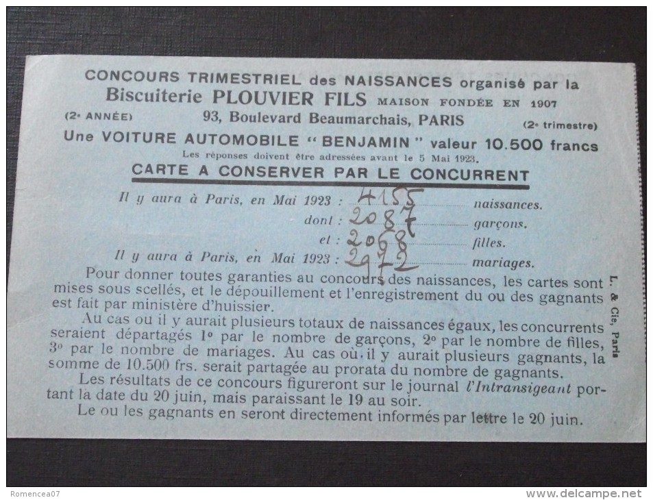 PARIS (3e) - BISCUITERIE PLOUVIER FILS - CONCOURS Des NAISSANCES - 1er Lot, Une Automobile - Mai 1923 - A Voir ! - Publicités