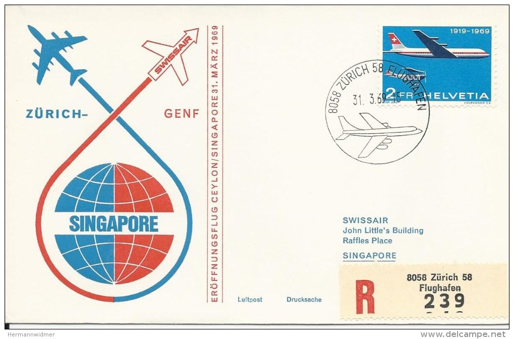 RF 69.1, Swissair Zürich - Singapore, Coronado, Recommandé, 1969 - Singapour (1959-...)