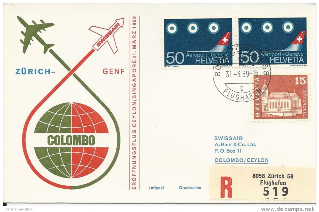 RF 69.1, Swissair, Zürich - Colombo, Coronado, Recommandé, 1969 - Sri Lanka (Ceylon) (1948-...)