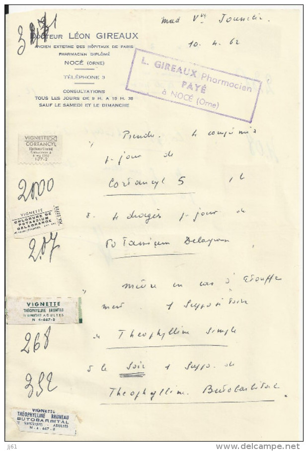 NOCE ORNE DOCTEUR LEON GIREAUX ET PHARMACIEN AVEC VIGNETTES DE MEDICAMENTS ANNEE 1962 - Other & Unclassified