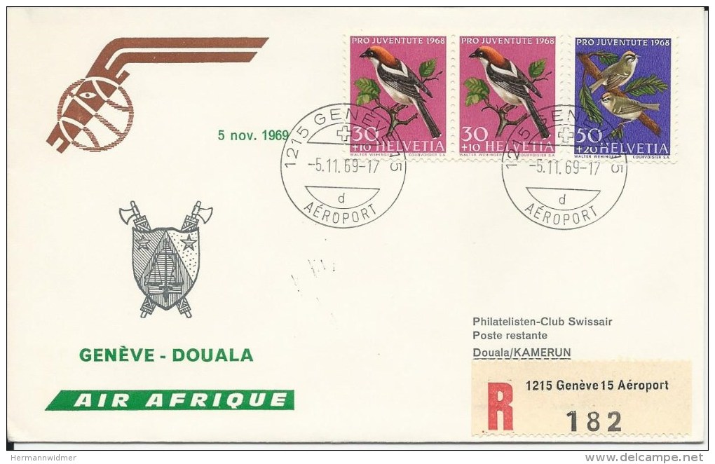 RF 69.22, Air Afrique, Genève - Douala,  DC-8, Recommandé, 1969 - Cameroun (1960-...)