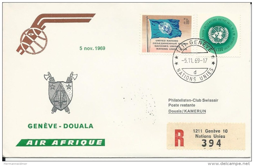 RF 69.22 U, Air Afrique, Genève - Douala,  DC-8, Recommandé, 1969 - Cameroun (1960-...)