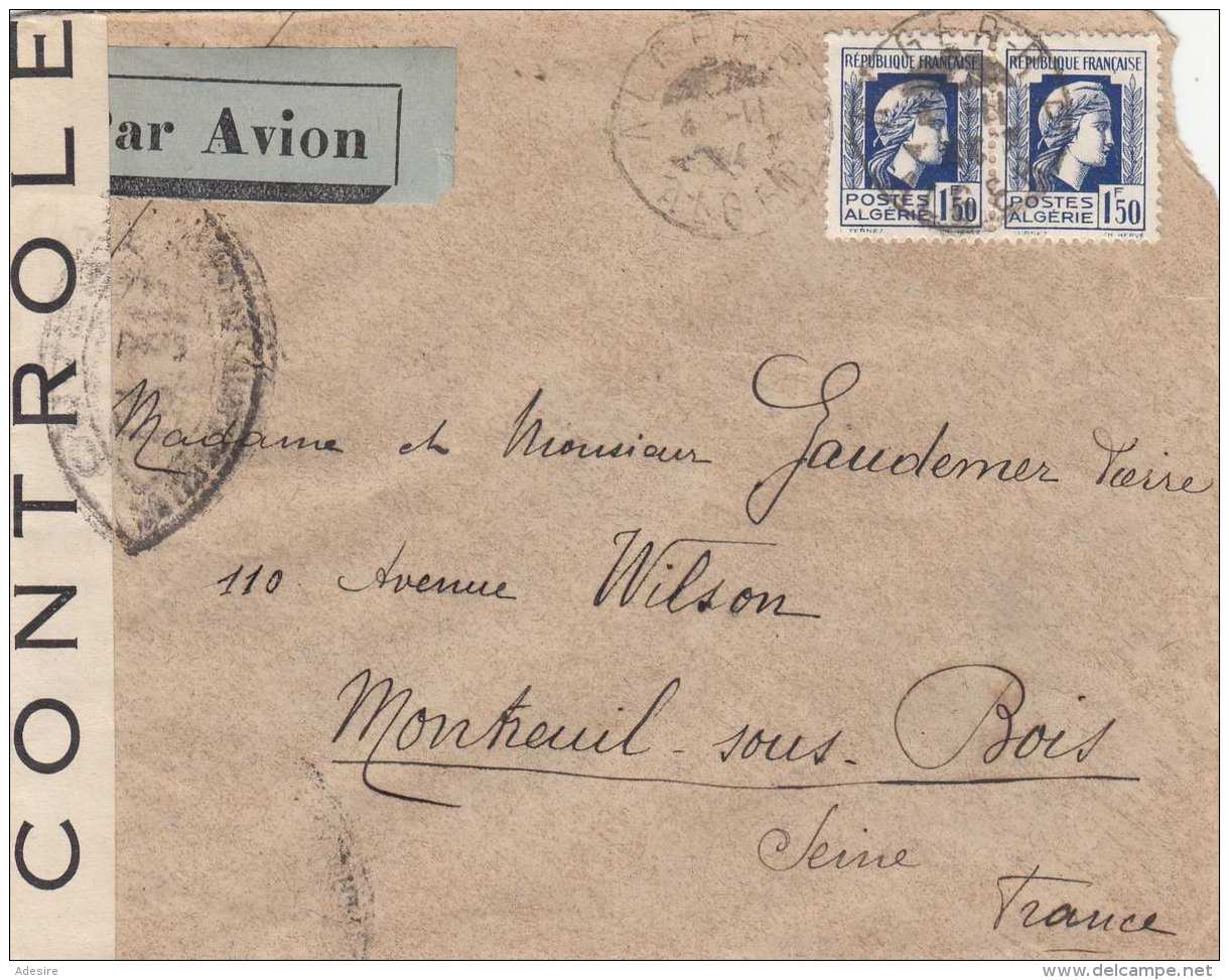 ALGERIEN 194? - 2 X 1,5 F Auf Zensur-FP-Brief Gel.v.Alger &gt; Montreuil - Briefe U. Dokumente