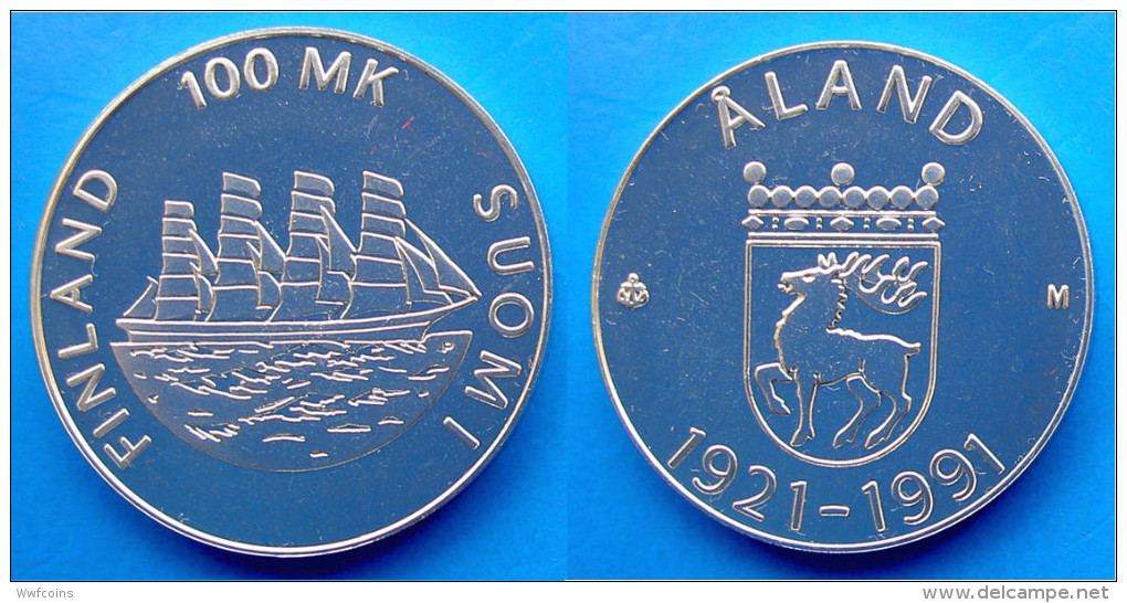 FINLANDIA 100 M 1991 ARGENTO RARA ANNIVERSARY AUTONOMY OF ALAND VELIERO SHIP PESO 24g TITOLO 0,925 CONSERVAZIONE FDC - Finnland