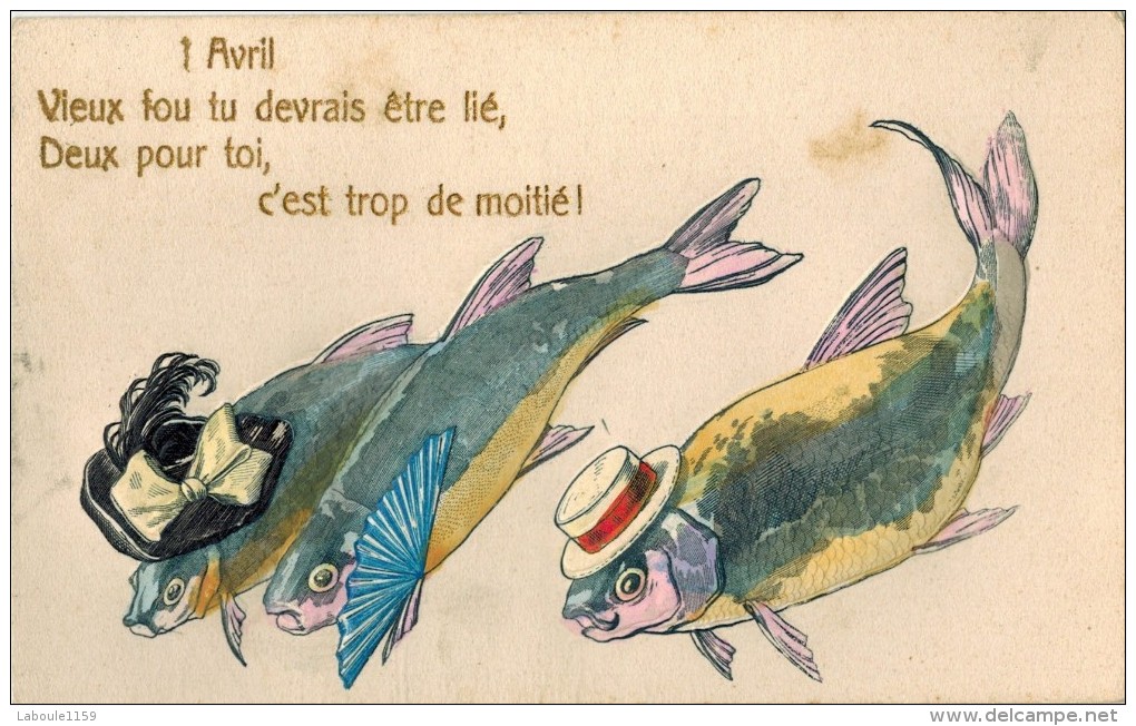 FANTAISIE GAUFREE EMBOSSED POISSON 1er Avril HUMANISE Vieux Fou Tu Devrais Chapeau Plumes Noir Cocarde Eventail Canotier - Animaux Habillés