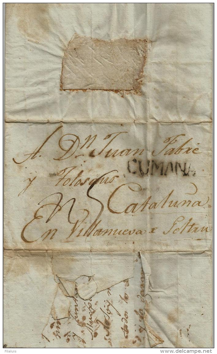 02261 Periodo Colonial Prefilatelia 1809 Carta Con Marca CUMANA / Venezuela A VilLanova I Geltru. - ...-1850 Prefilatelia