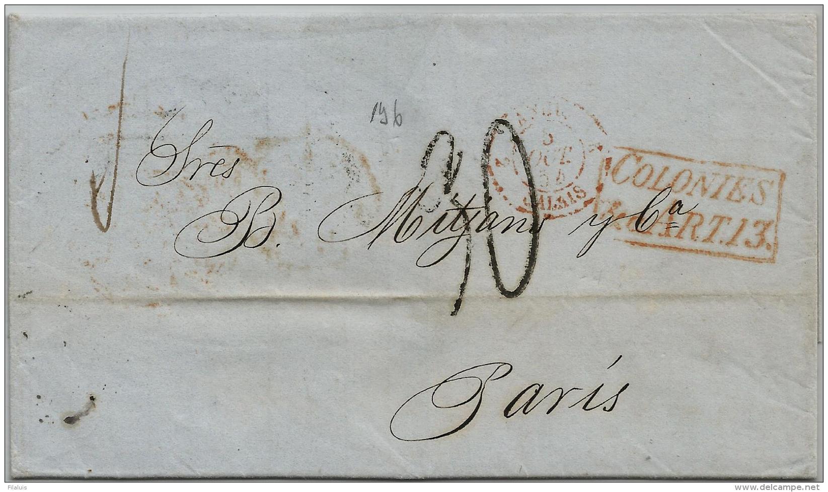 02264 Cuba Carta Enviada De La Habana A Paris 1854 Con Rara Marca Francesa "Colonies Art 13" - Cuba (1874-1898)