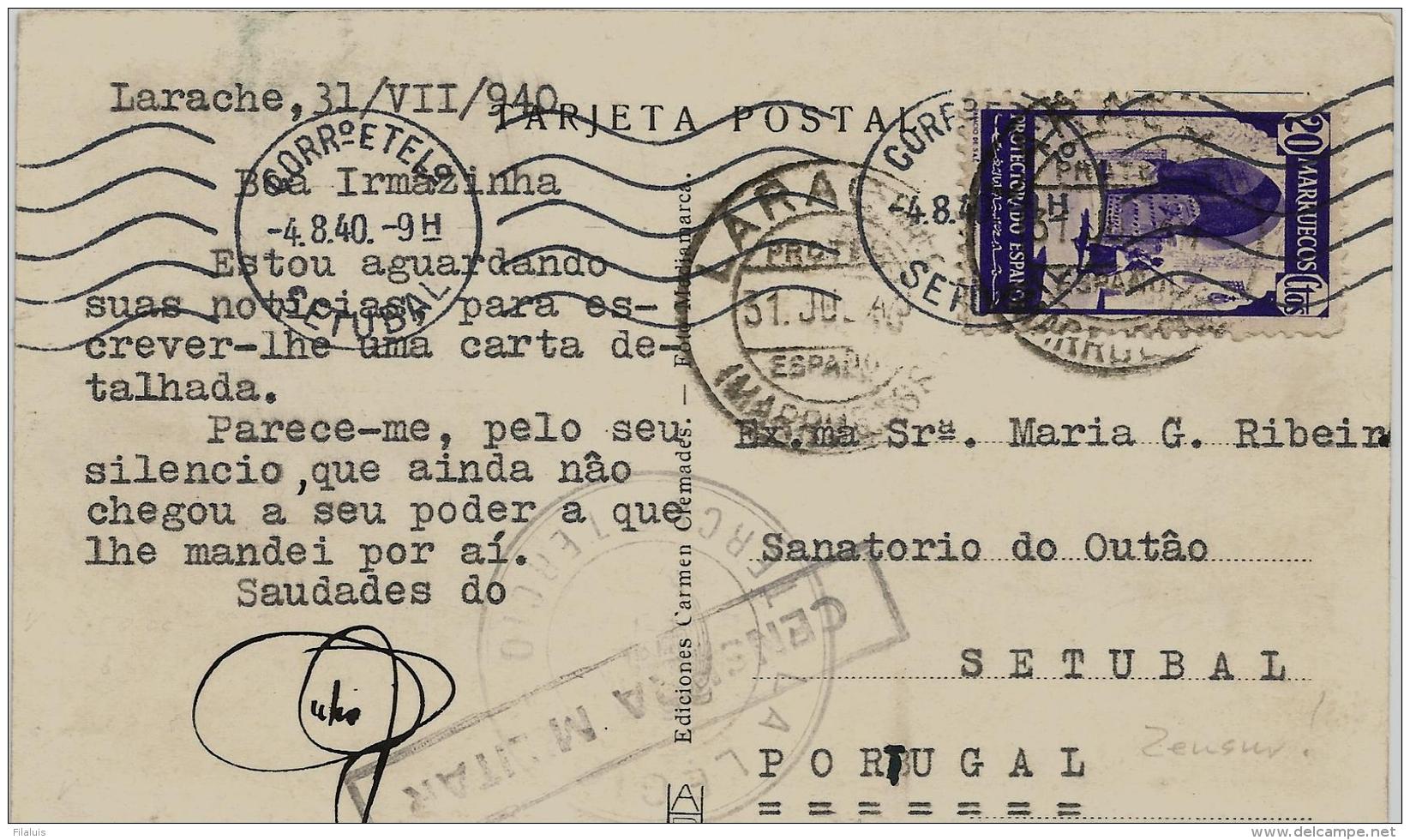 02290 Marruecos Espa&ntilde;ol Tarjeta Postal Censurada Enviada De Larache A Portugal - Maroc Espagnol