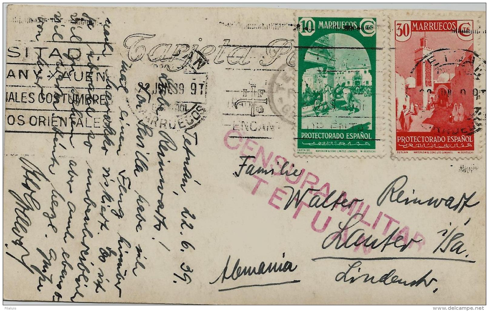 02299 Marruecos Español Tarjeta Postal 1939 Con Censura Tetuan Enviada A Alemania - Maroc Espagnol