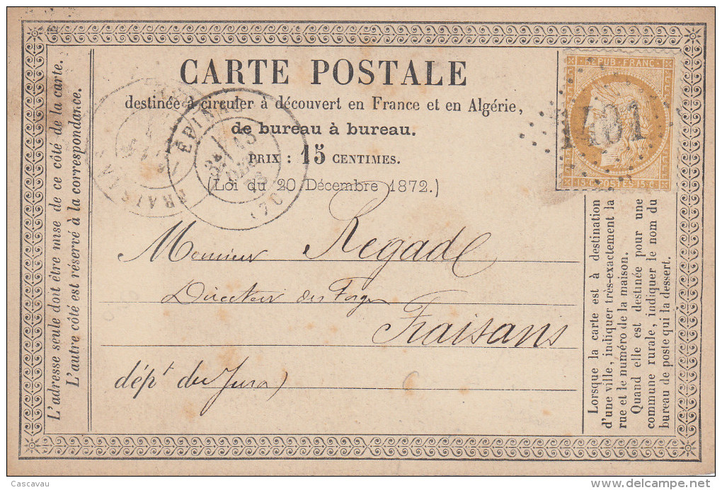 Carte  Postale  Précurseur  Oblitération  Gros  Chiffres  1401   EPINAC  ( Saône Et  Loire )   1873 - Precursor Cards