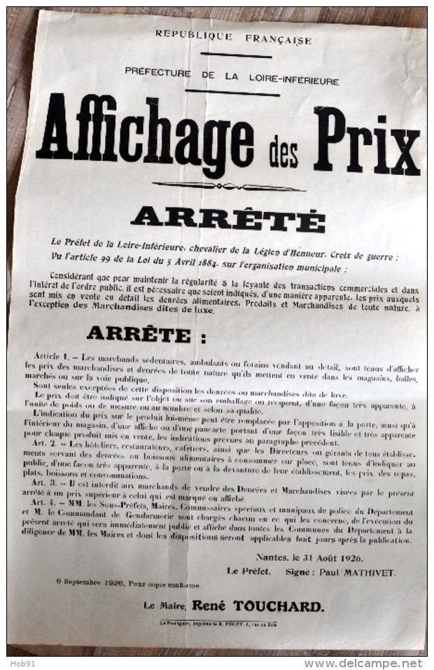 Le Pouliguen (Loire Inférieure, Loire Atlantique) - Arrété Portant Sur L'affichage Des Prix - 1926 - Maire Touchard - Décrets & Lois