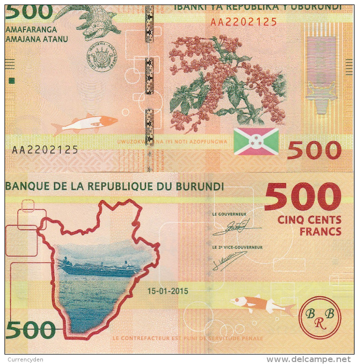 Burundi P50, 500 Francs, Crocodile, Coffee Plant Branch, UNC, 2015, See UV - Burundi