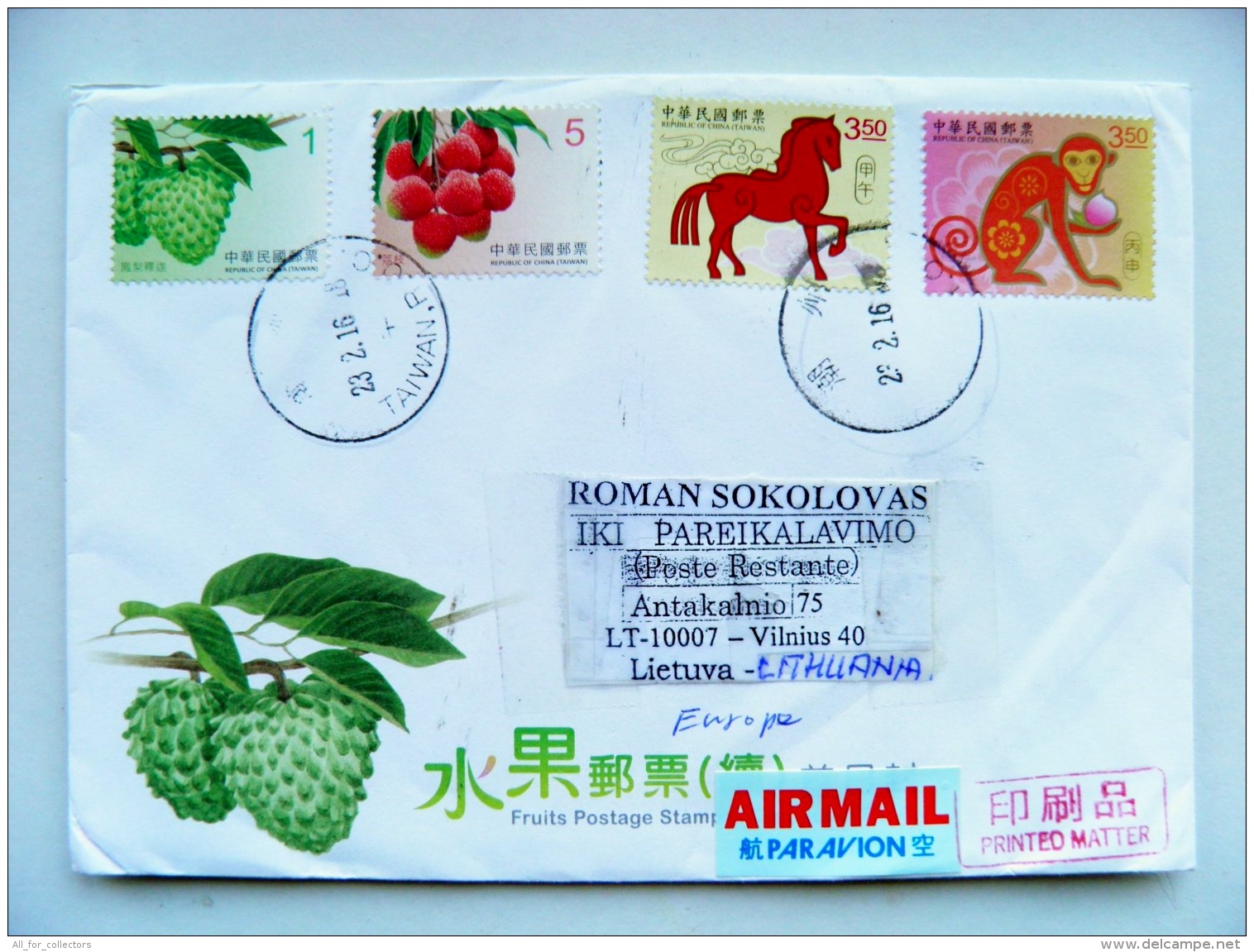 Cover From China Taiwan To Lithuania Horoscope Monkey Horse Fruits - Brieven En Documenten