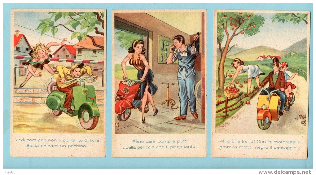 Lotto Illustrazioni Di 6 Cartoline Della Vespa - Motorbikes