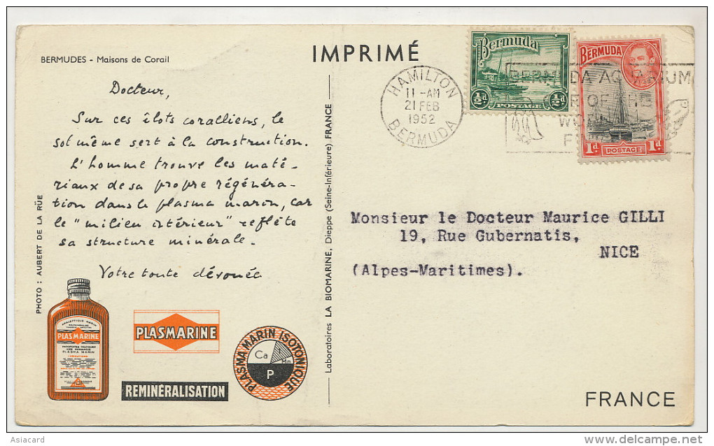 Bermudes Maisons De Corail   Used Hamilton1952 Advert For Plasmarine To Doctor Gilli Nice - Bermudes