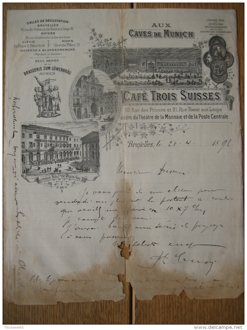 Lettre Superbement  Illustrée 1896 - BRUXELLES - Aux Caves De Munich, Café Trois Suisses, Dépôt Brasserie Zum Löwenbräu - Autres & Non Classés