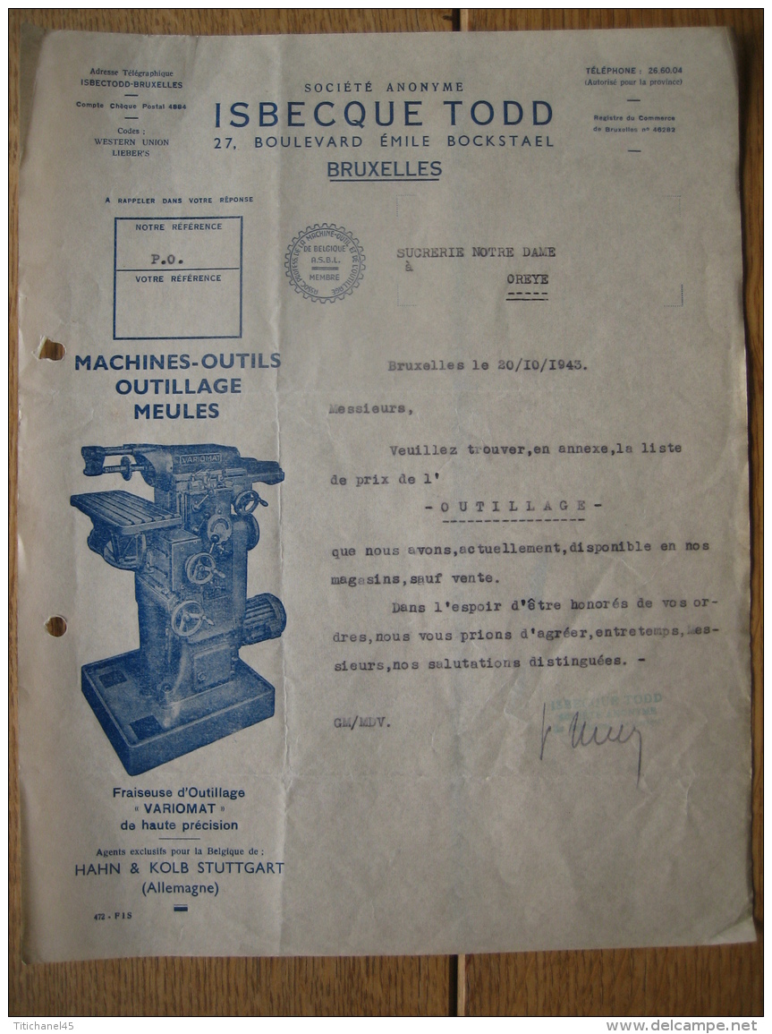 Lettre 1943 BRUXELLES - ISBECQUE TODD - Machines-outils, Outillage, Meules... - Altri & Non Classificati