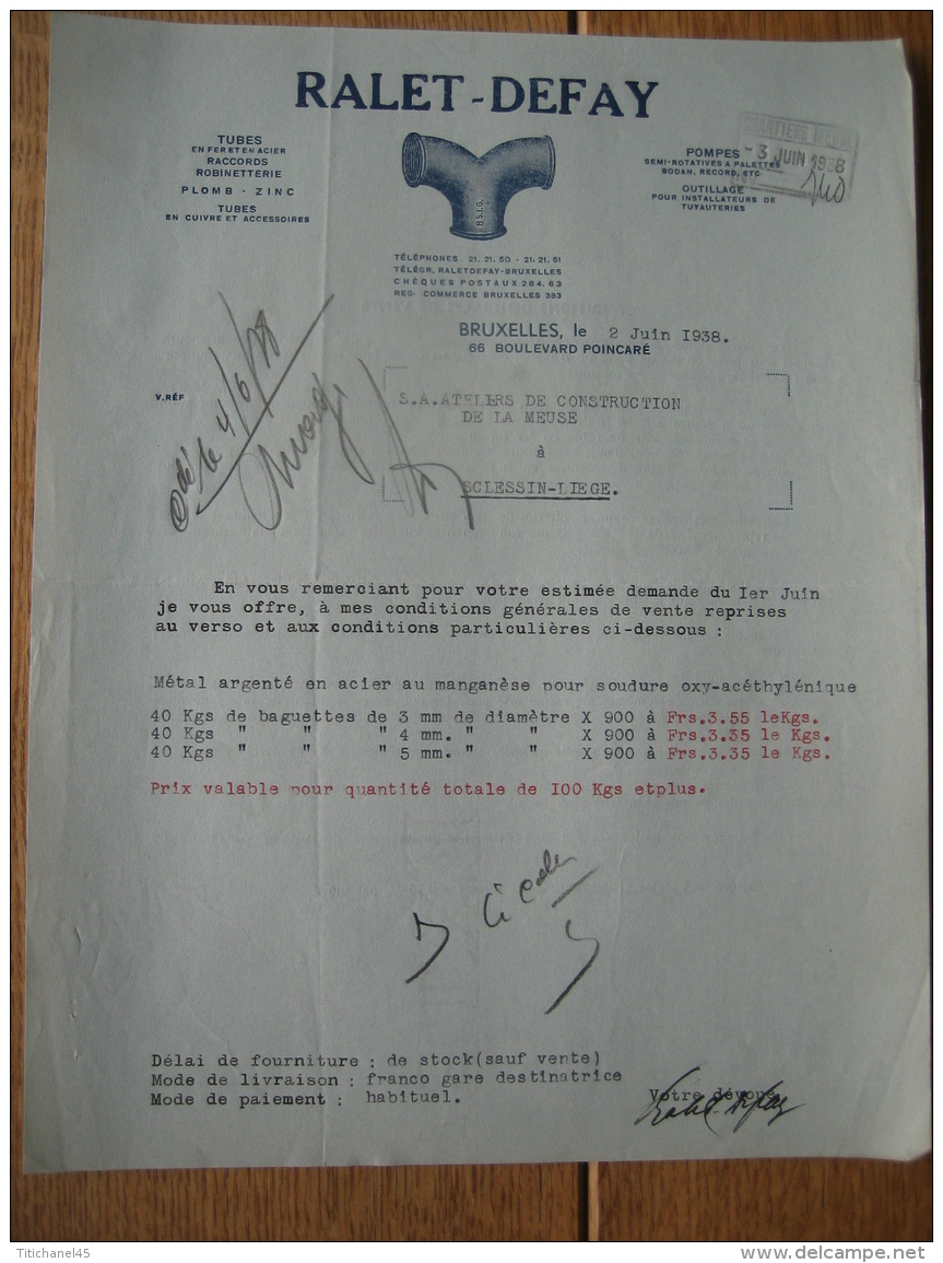 Lettre 1938 BRUXELLES  -  RALET - DEFAY - Tubes En Fer Et En Acier, Raccords, Robinetterie... - Autres & Non Classés