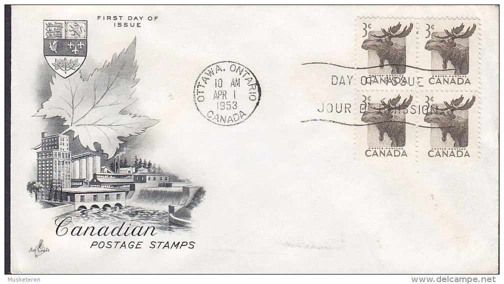 Canada Premier Jour Lettre FDC Cover 1953 Canada Moose Älg Elk 4-Block Artcraft Cachet - 1952-1960