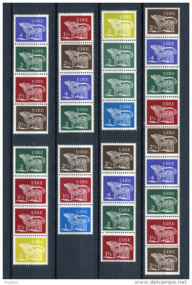 Ireland 1971-80.  32 Definitive Stamps - In 7 Strips - Blocks & Sheetlets