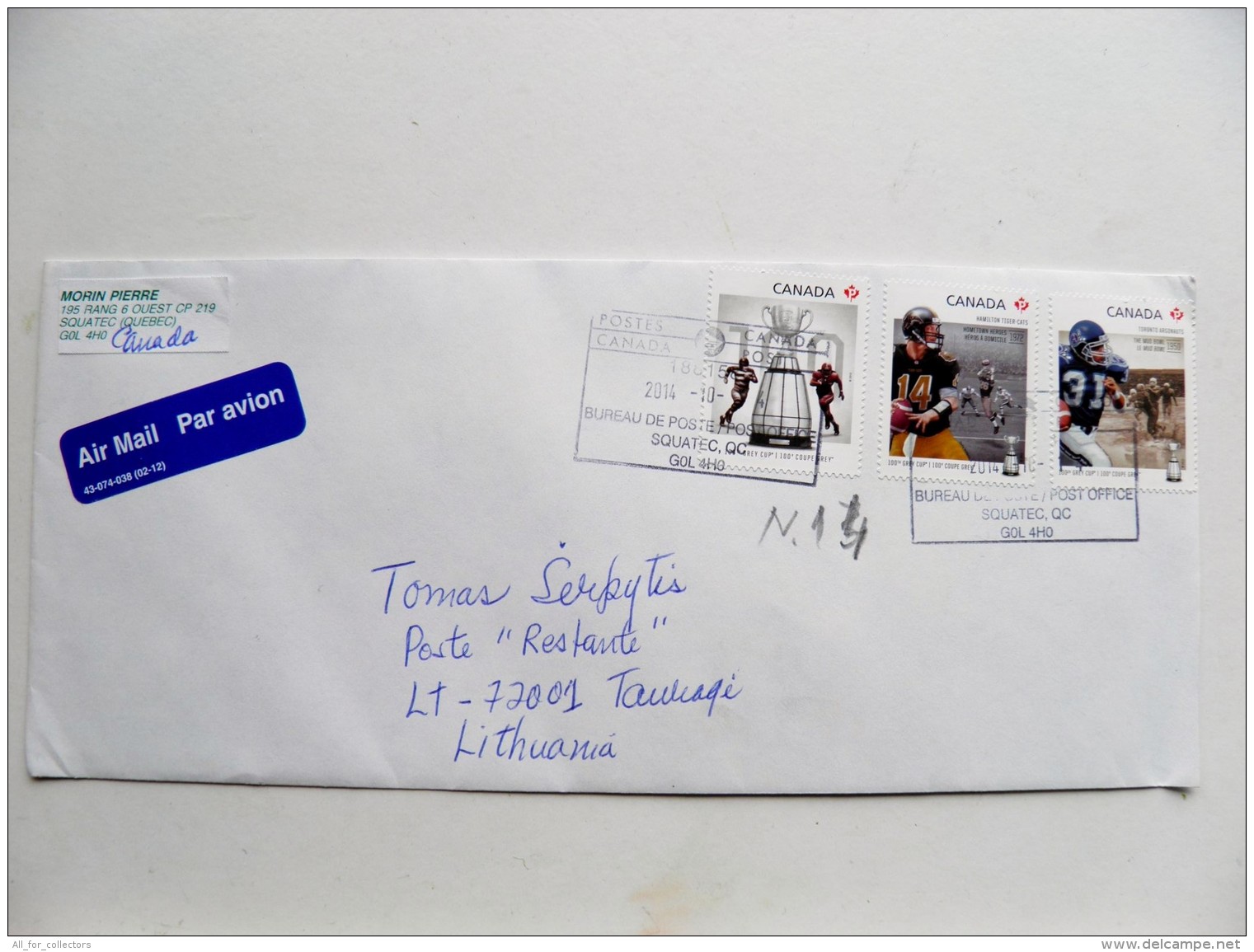 Cover From Canada To Lithuania 2014 Sport Grey Cup Rugby - Gedenkausgaben