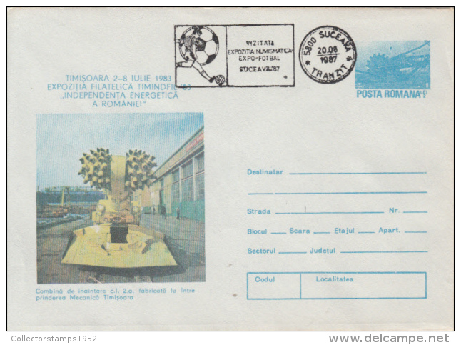 40280- SOCCER POSTMARK, TIMISOARA MACHINES FACTORY, COVER STATIONERY, 1987, ROMANIA - Briefe U. Dokumente