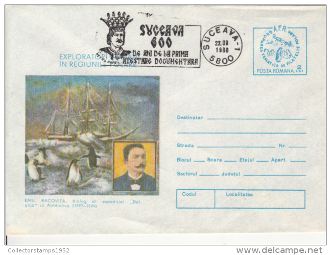 40289- BELGICA ANTARCTIC EXPEDITION, SHIP, EMIL RACOVITA, PENGUIN, COVER STATIONERY, 1988, ROMANIA - Antarctic Expeditions