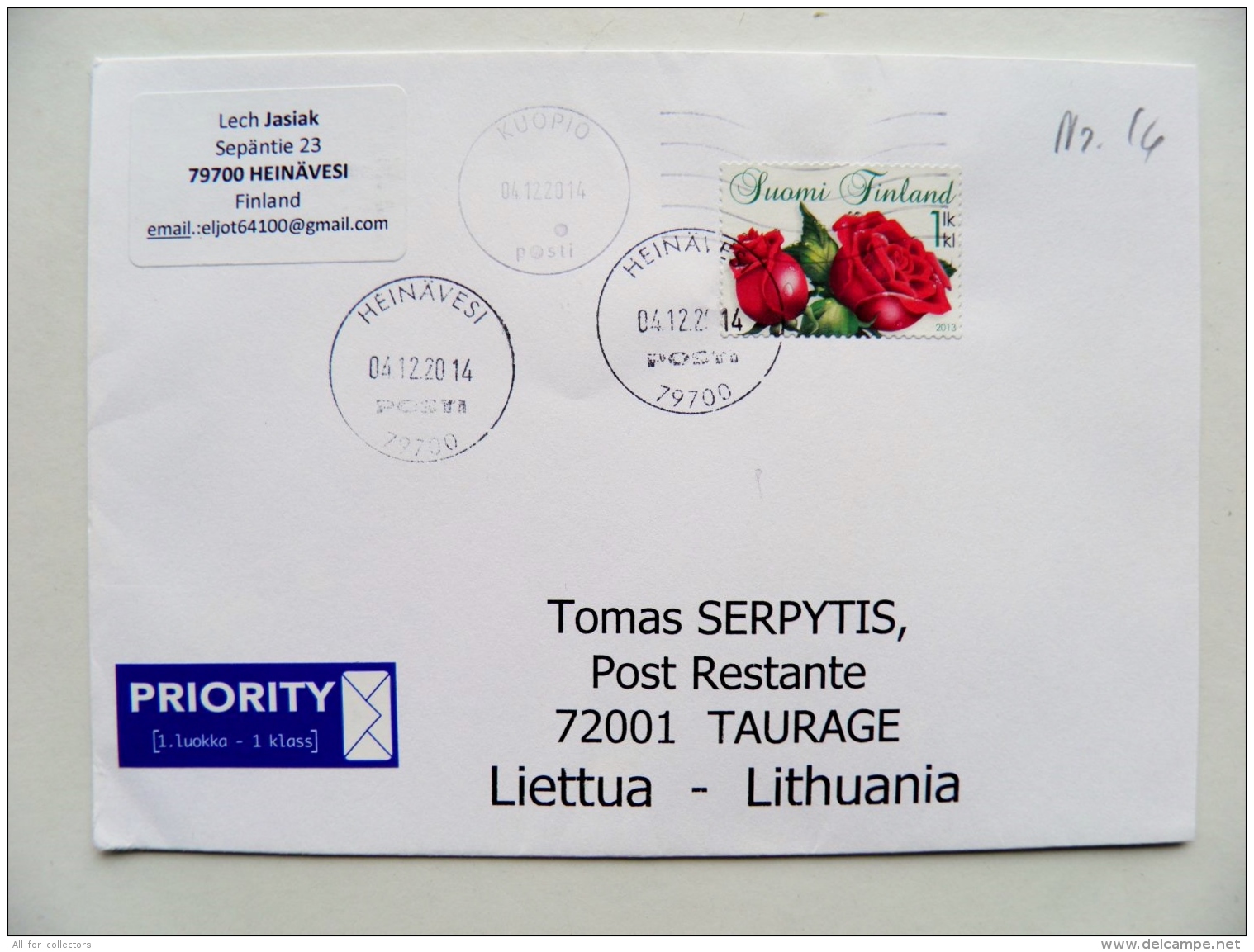 Cover From Finland To Lithuania 2014 Flowers Roses - Brieven En Documenten