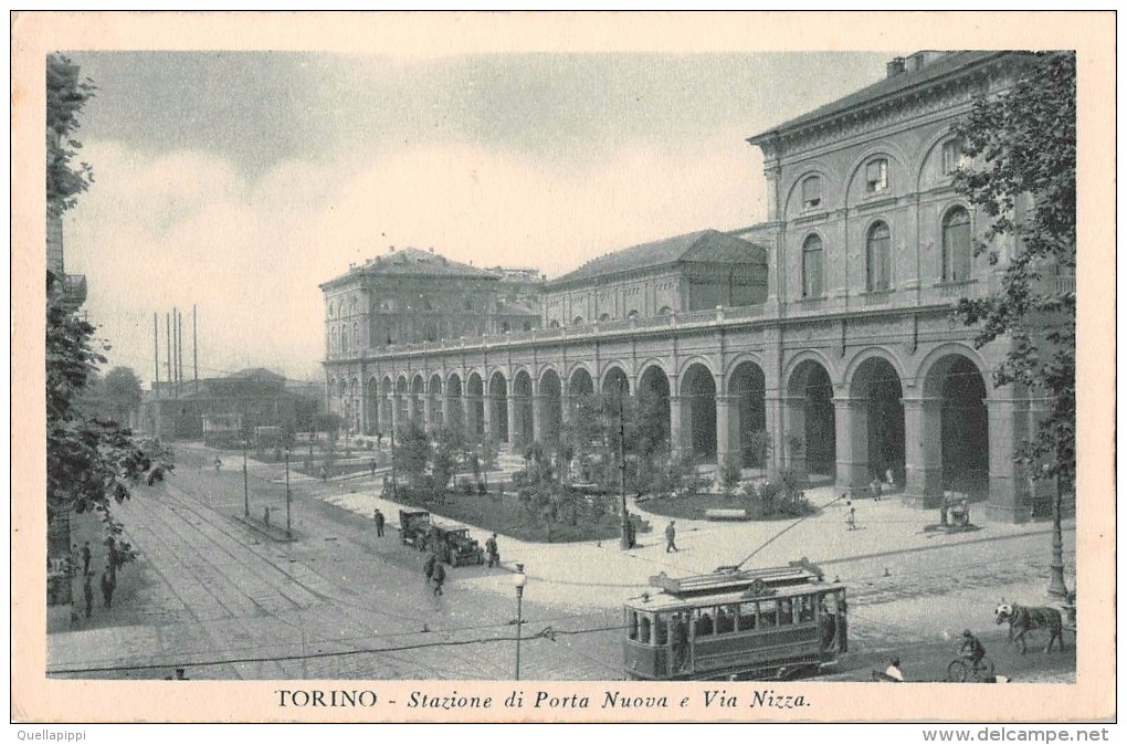 04201 "TORINO - STAZIONE DI PORTA NUOVA E VIA NIZZA"  ANIMATA, AUTO, TRAMWAY, CAVALLO.  CART. NON  SPED. - Stazione Porta Nuova