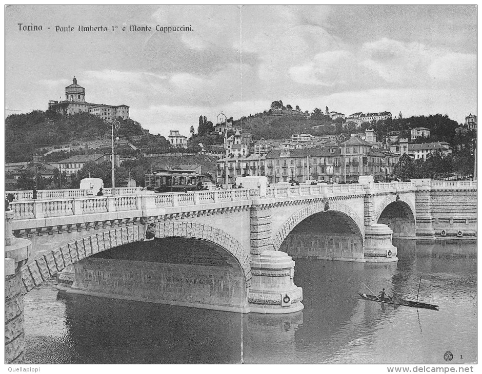 04205 "TORINO-PONTE UMBERTO I E MONTE DEI CAPPUCCINI" ANIMATA, TRAMWAY - FORMATO PICCOLO 4 FACCIATE.  CART. SPED. 1907 - Brücken