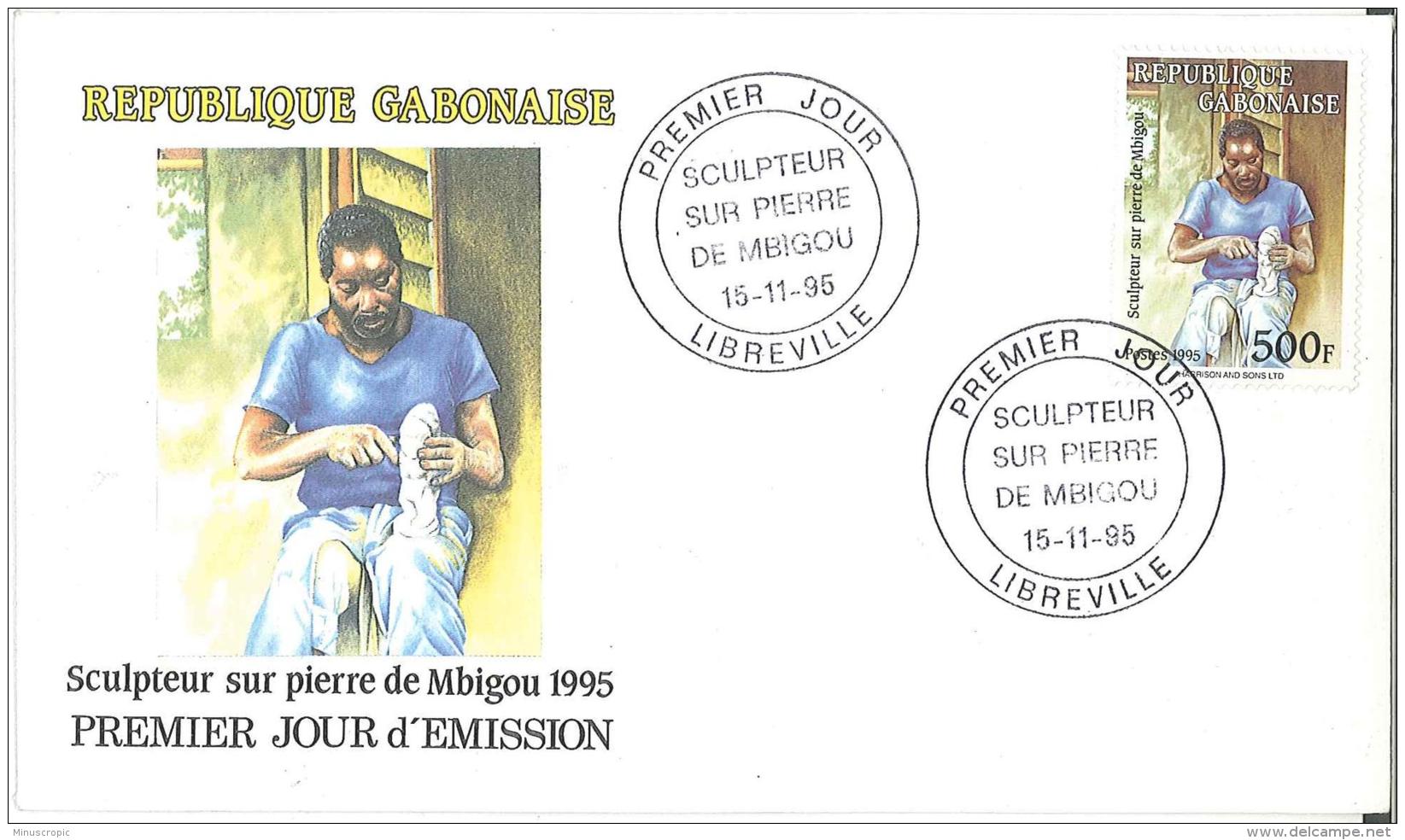 Enveloppe FDC  République Gabonaise -  Sculpteur Sur Pierre De Mbigou - Libreville - 1995 - Gabón (1960-...)