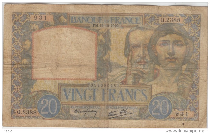 France #92b, 1940 20 Francs Banknote Currency - 20 F 1939-1942 ''Science Et Travail''