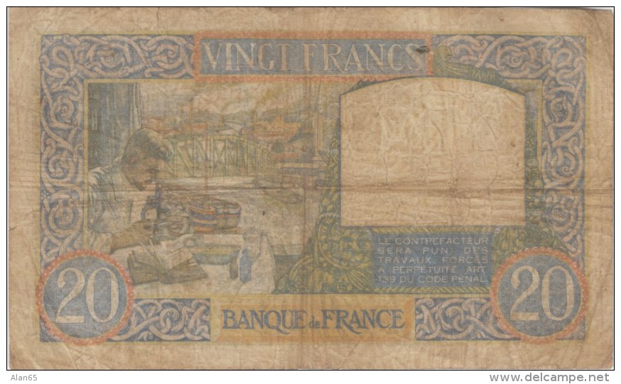 France #92b, 1940 20 Francs Banknote Currency - 20 F 1939-1942 ''Science Et Travail''