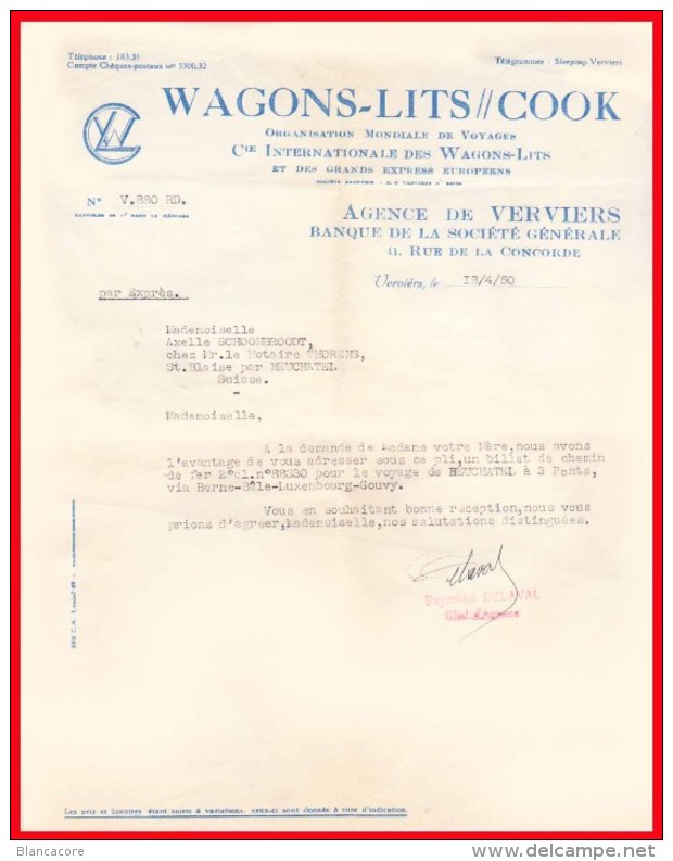WAGONS LITS COOK  VERVIERS 1950 - Transport