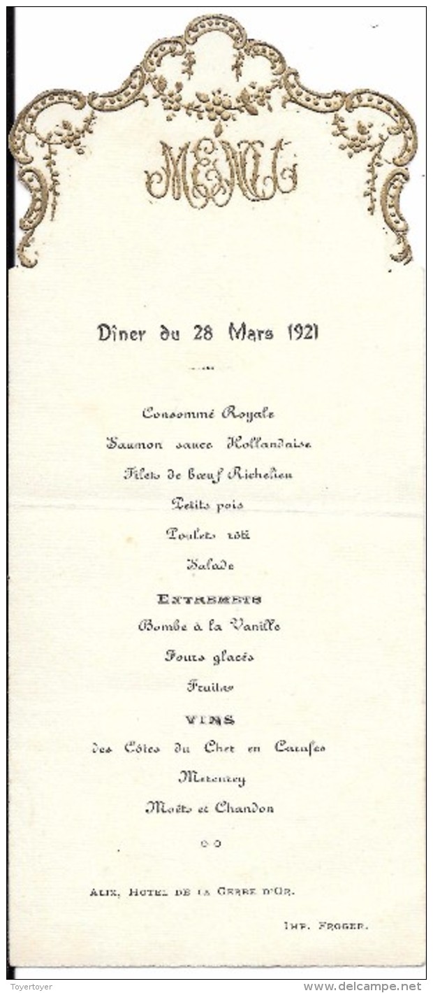 M 19  Menu Du Dîner Du 28 Mars 1921 - Menus